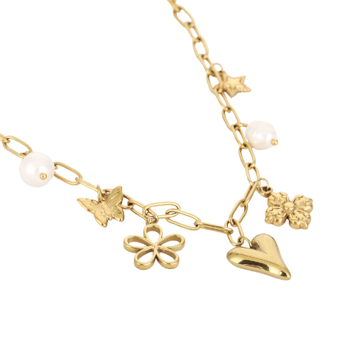 Gouden schakelketting met hart-, bloem-, vlinder- en sterbedels en zoetwaterparels – elegante damesketting met symbolische hangers