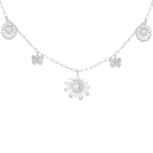 Een zilverkleurige bedelketting met diverse zomerse bedels, waaronder bloemen en vlinders - gemaakt van stainless steel
