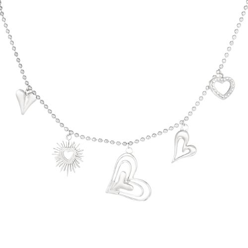 Zilverkleurige bedelketting Devine Bond versierd met diverse hartjesbedels, ook met zirkonia - gemaakt van Stainless Steel