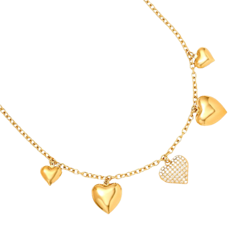 Goudkleurige bedelketting met diverse hartvormige bedels - gemaakt van roestvrij staal - ingelegd met zirkonia steentjes
