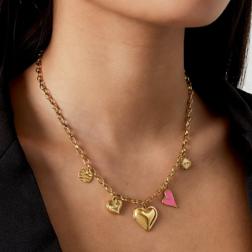 Goudkleurige Bedelketting Pink Love met hartjes - van roestvrijstaal - perfect te combineren met de Bedelarmband Pink Love