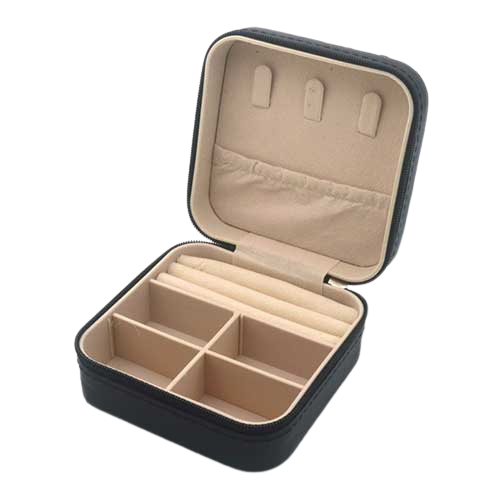 Zwart met gouden sieradendoosje met opbergvakjes voor ringen, kettingen, armbanden en oorbellen.