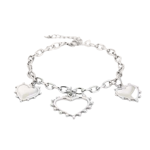 Zilverkleurige roestvrijstalen bedelarmband met verschillende hartjes – speelse en romantische uitstraling.