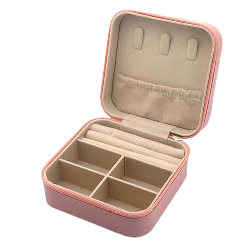 Roze met gouden sieradendoosje met opbergvakjes voor ringen, kettingen, armbanden en oorbellen.
